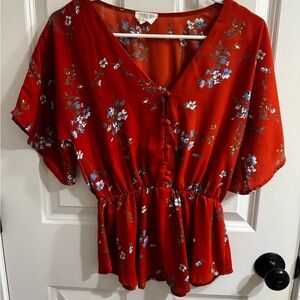 Floral Red Button-Up Top